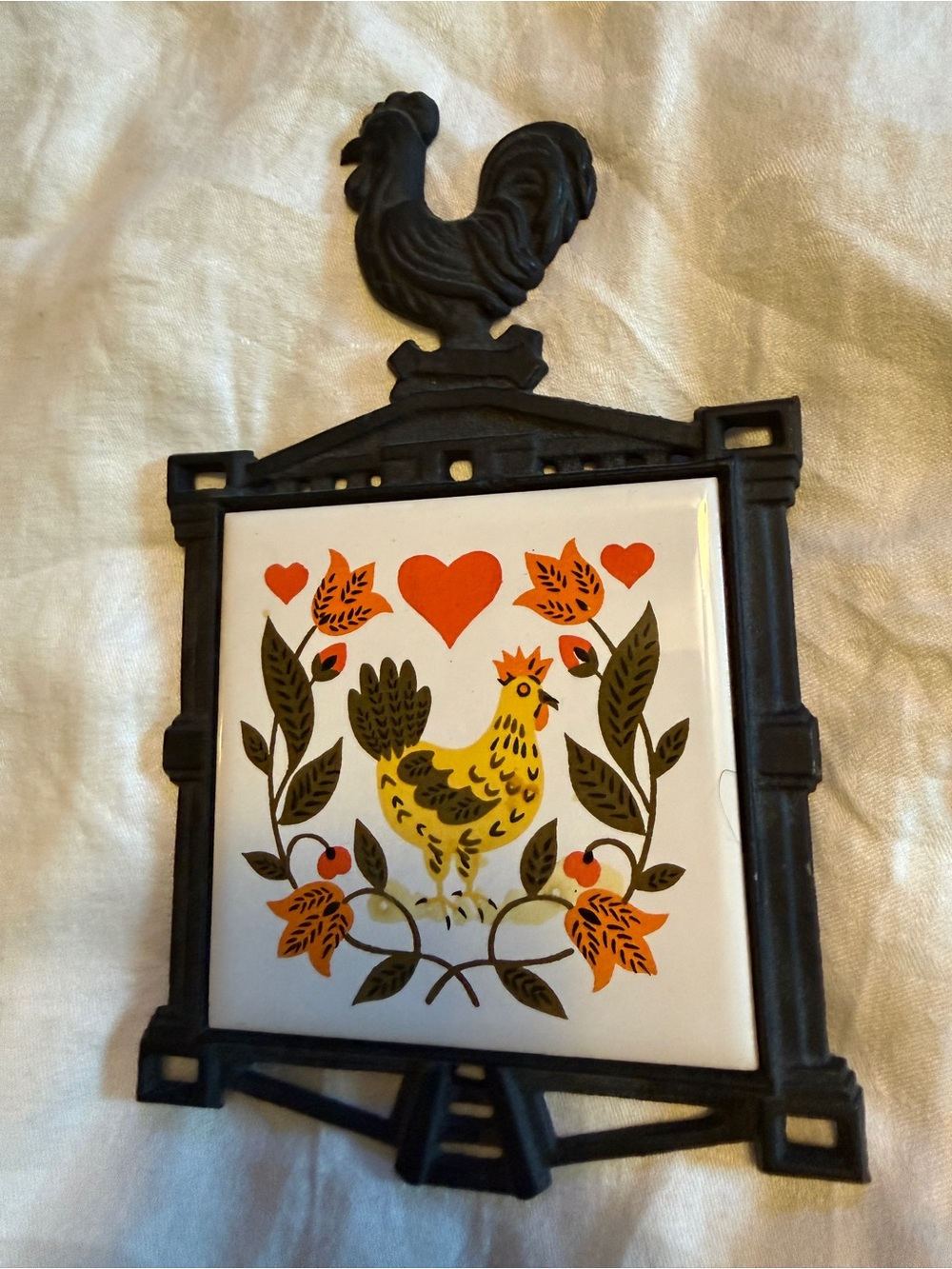 Vintage Rooster Tile Wall Plaque - Yellow & Orange Folk Art